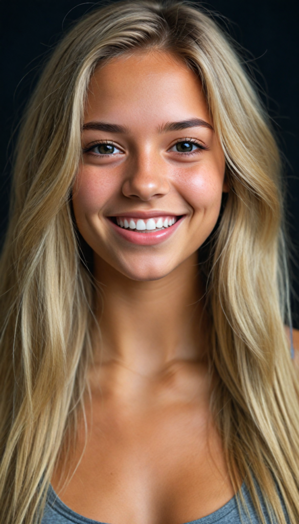 a stunning and gorgeous detailed, realistic portrait from a beautiful young happy tanned girl, long straight soft blonde hair, (grey crop top), black backdrop