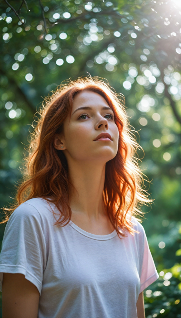 (upper body portrait) a whimsical scene featuring an innocent red-haired teen girl with straight, flowing hair, wearing a soft, ethereal light pink t-shirt that gently billows in the breeze. She stands in a sun-dappled forest glade, surrounded by softly glowing fairy lights, her bright eyes sparkling with curiosity and wonder, as beams of sunlight filter through the lush green canopy overhead, creating a magical, dreamlike atmosphere.