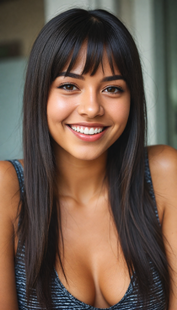 (close up portrait) of a (beautiful) (cute) (tanned) girl, (very long jet brown-black straight hair), (bangs), (plump lips), (seductive look), wide open front, (perfect curvy body), (tank top, deep v-neck), (cheerful smile), (face illuminated), (looking into the camera)