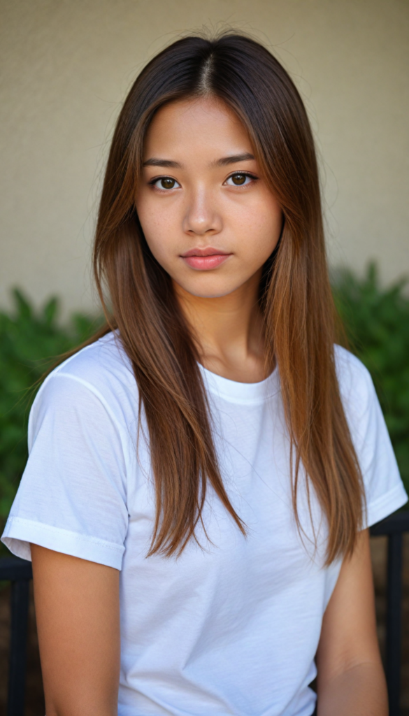 a stunningly elegant and cute Asian teenage girl with long, straight hazelnut hair, with a (realistically detailed angelic round face) and (realistically detailed hazelnut eyes) looking pensively at the camera, wearing a (super short, tight white t-shirt)