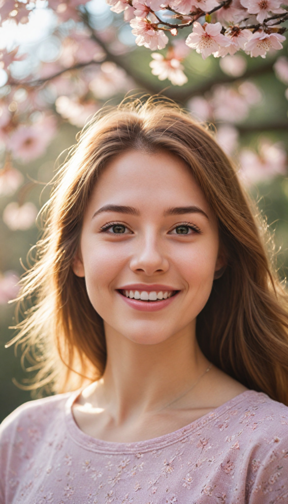 a close up portrait of an exuberant teenage girl with a beaming, sunny smile that radiates warmth, dressed in a stylish, fitted pastel pink crop top that elegantly highlights her graceful curves. The scene is captured in a dreamy, ethereal style reminiscent of Impressionist paintings, with soft bokeh effects in the background. Her long, flowing straight hazelnut hair glistens in the sunlight, creating a halo effect around her face. Surrounding her are delicate cherry blossom petals gently falling in the breeze, adding a touch of whimsy and charm to the flawless portrait.