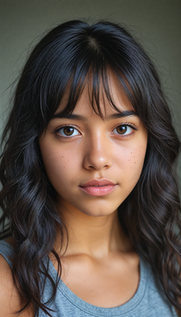 super realistic, 4k, detailed face, cute Exotic teen girl, long black wavy soft hair, bangs cut, wear a grey crop tank top, looks at the camera, portrait shot