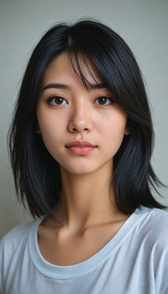 a (((stunningly elegant and cute long, straight obsidian black hair))) Japanese (((teen girl))) with a (((realistically detailed angelic round face))) and (((realistically detailed hazelnut eyes))) looking pensively at the camera in a (((perfectly drawn portrait shot))) against a (((flawlessly detailed, realistic skin color))) backdrop, wearing a (super short, tight ((white t-shirt))), her flawless form elegantly framed by a side perspective, without any (background details)