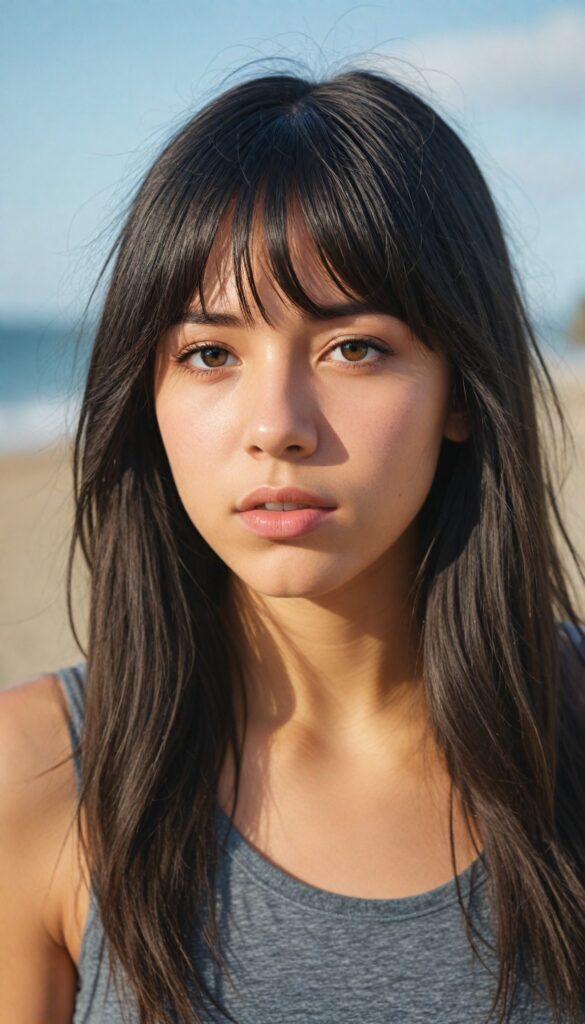 a realistic, detailed face, (super cute) (petite), (emo teen girl) with long, flowing (dark grey super soft hair, bangs), (dark crop tank top), (vividly drawn full kissable lips), all against a backdrop of a (serene, sandy beach)