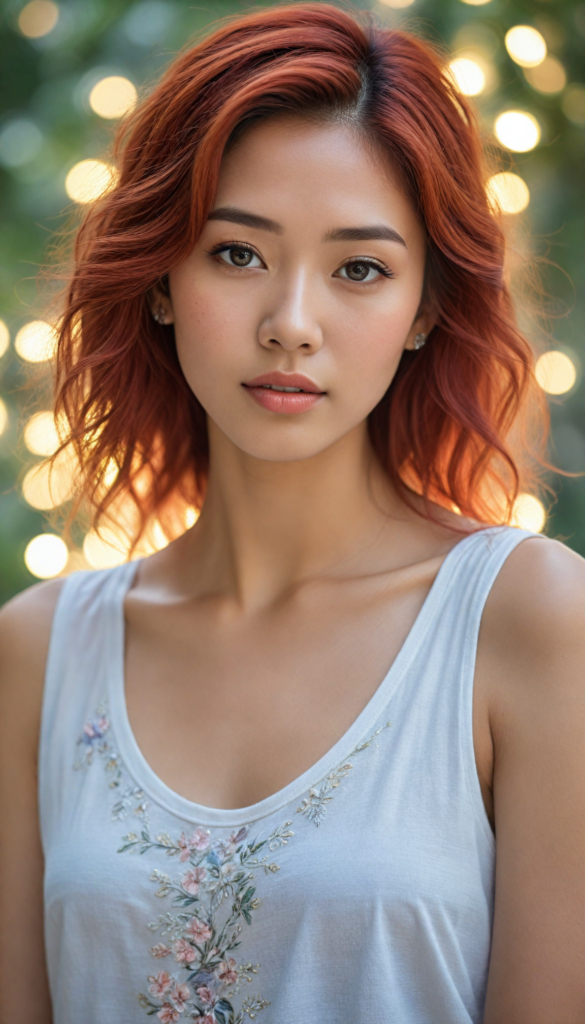 hyper-realistic, intricately detailed portrait of a stunning young Asian woman with flowing, soft red hair cascading down her shoulders, caught in an ethereal glow. Her enchanting round eyes sparkle with depth and emotion, inviting the viewer into her world. She wears a delicate, flowing white tank top that hints at elegance, accessorized with shimmering silver earrings. The background features a dreamlike bokeh of soft pastel colors, blending seamlessly to enhance her beauty, with hints of floral motifs echoing a whimsical fairytale vibe. The lighting is warm and inviting, casting gentle shadows that accentuate her features, creating a sense of serenity and charm.