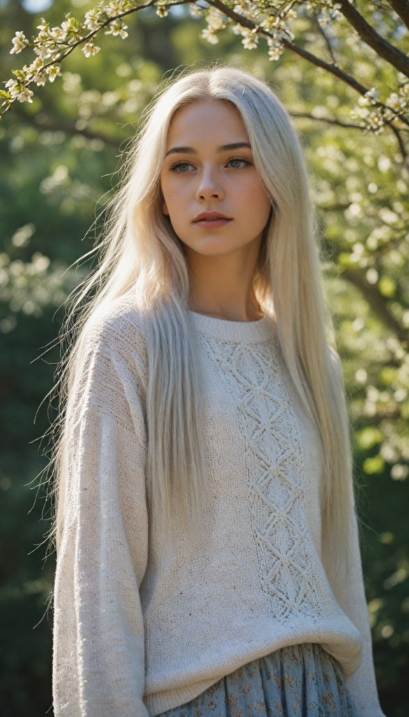 a whimsical young teen girl with cascading long straight white hair, wearing an exquisitely detailed super fine wool sweater adorned with intricate motifs, set against a dreamy pastel landscape; the scene is bathed in soft golden sunlight, evoking a magical, fairy-tale aura, in the style of classic children's book illustrations combined with a touch of contemporary realism.