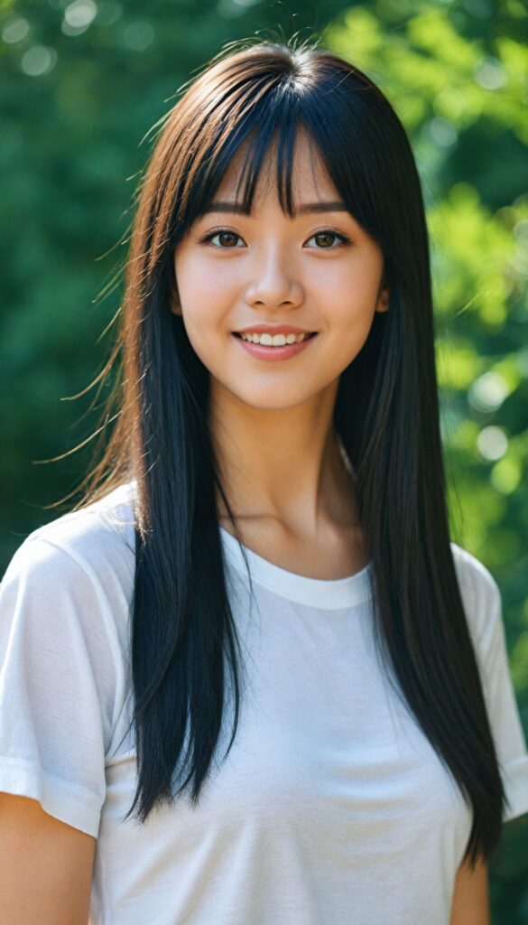 a detailed and realistic photo from a (cute) Oriental teen girl (long, straight jet hair, bangs), (stunning), (gorgeous), beautifully realistic, cinematic lights, realistic detailed angelic round face, (realistic detailed amber eye) looks happy at the camera, perfect curved body, (wears a super short tight (white t-shirt)), perfect anatomy, side perspective, against a sunny green backdrop