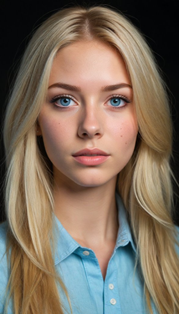 create a 3D image: of a gorgeous, stunning teen girl, straight blond detailed hair, she looks seductively, (light blue eyes), black eyeliner, tight dressed, (full lips) perfect shadows and lights, (black background) (full body)