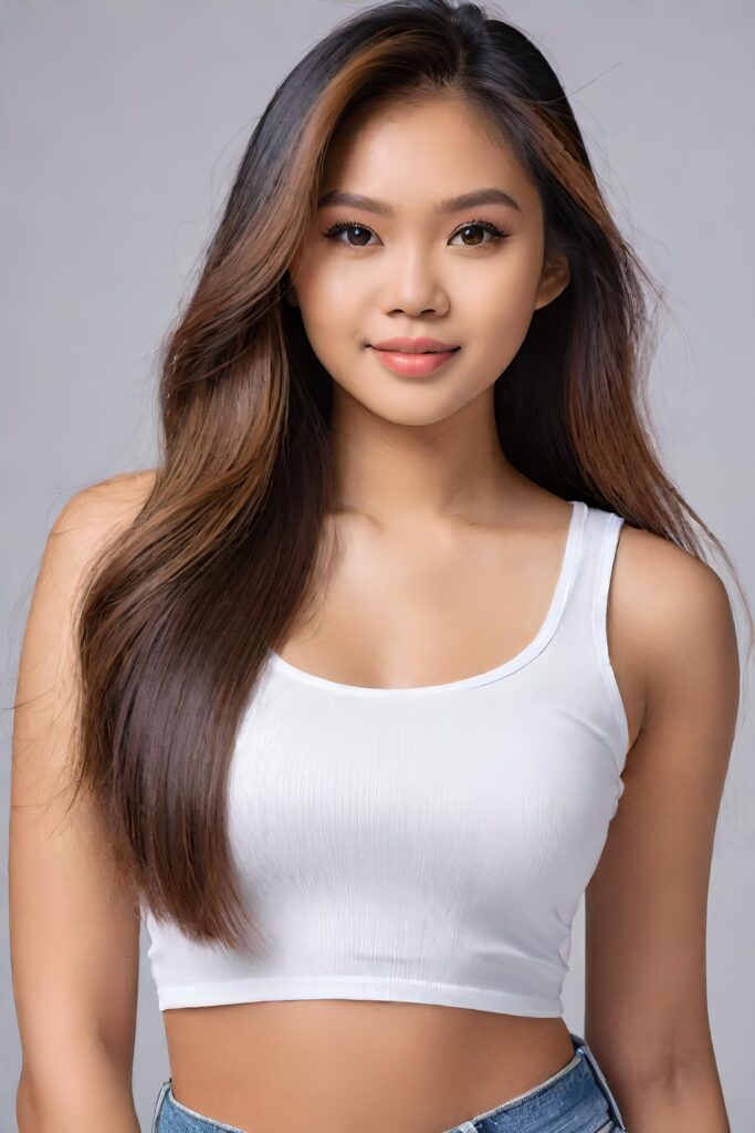 super realistic, detailed portrait, a beautiful young busted girl with long hair, looks sweetly into the camera. She wears a white crop top, perfect curved body