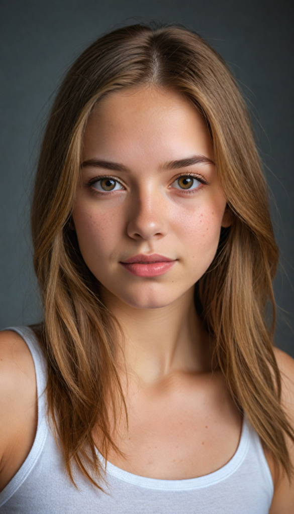 a very detailed and realistic portrait of a (cute teen girl), (long yet straight light brown hair), (realistic detailed brown eyes), (full kissable lips), (realistic detailed, light amber eyes), (face illuminated), (wearing a very low cut (white tank top) made on fine wool), perfect curved fit body