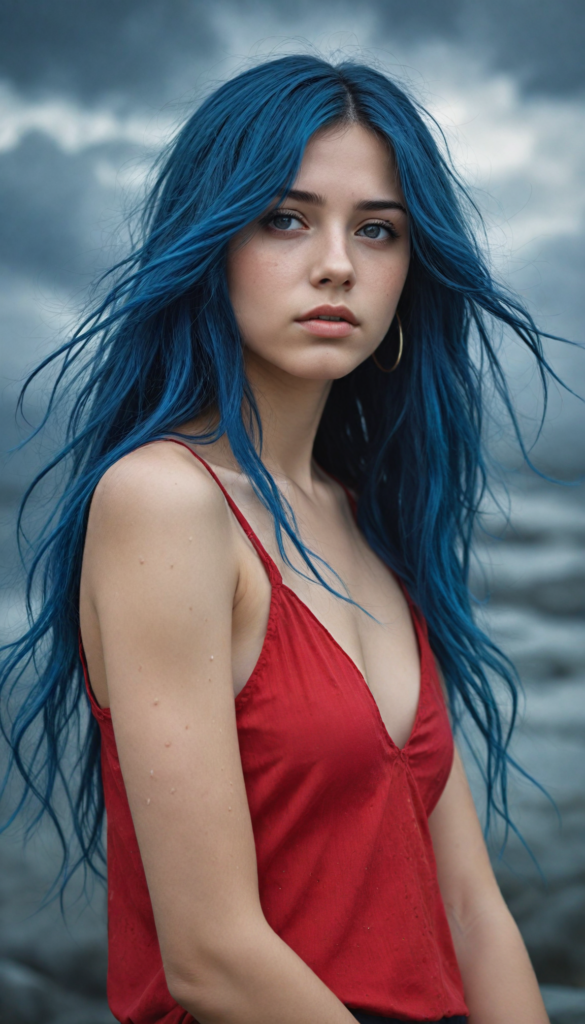 an illustrated teen emo girl with luxuriously long, flowing blue hair cascading like silk, set against a strikingly detailed backdrop of swirling gray clouds and ethereal shadows. Tears glisten on her cheeks, capturing the light like droplets of rain, as her amber eyes, deep and expressive, reveal a haunting sadness that conveys the burden of unspoken stories. The scene is accentuated by delicate hints of vibrant crimson in her attire, dreamlike atmosphere, she wears a red short tank top