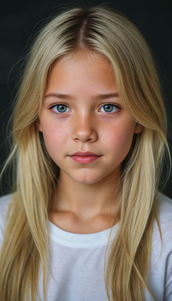 detailed and super realistic photo: a cute young girl with long, soft blond hair, she wears a plain short white t-shirt