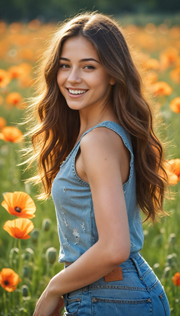 a vibrant teenage girl with a beaming, joyful smile, donning a chic, form-fitting short grey cropped tank top that highlights her graceful physique, complemented by stylish, distressed jeans, posed in an artistic photo shoot. Her long, glossy hair cascades elegantly around her face, caught in enchanting, ethereal lighting that creates playful shadows, surrounded by a kaleidoscope of colorful poppies dancing in the gentle breeze, reminiscent of a dreamy Impressionist painting. The setting is alive with a warm golden hue, evoking a sense of carefree summer bliss.