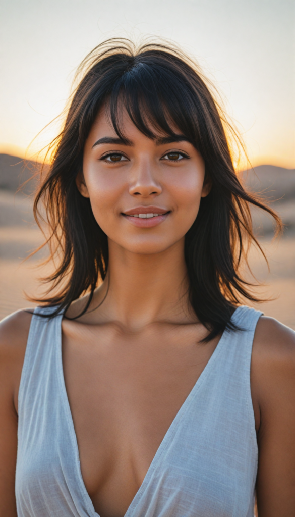 a captivating upper-body portrait of a brown-skinned young woman with an elegant, curvaceous silhouette, her softly cascading straight black hair framing her face with delicate side bangs. Her full lips are slightly parted in a serene smile, accentuating her youthful exuberance. She dons a flowing, ethereal white tank top that billows gently in the warm desert breeze, contrasting beautifully with the sun-kissed tones of her skin. The backdrop features an endless expanse of golden sand dunes, with the soft hues of a sunset painting the sky in shades of pink and orange, while delicate desert flowers peek through the sand, adding a touch of vibrancy to the tranquil scene. The overall atmosphere radiates warmth and calm, evoking a sense of beauty and freedom.