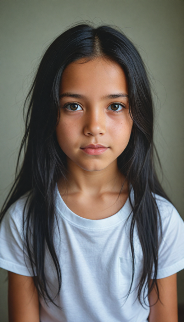 super realistic, detailed portrait, a beautiful young girl with long obsidian hair looks sweetly into the camera. She wears a white t-shirt.