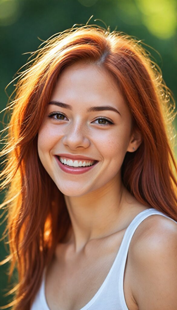 a (realistic and detailed photo), capturing a (cute, attractive, gorgeous, stunning teen girl) with a super short, tight, deep v-neck, plain cropped tank top, (curved body), (long straight jet soft red hair), warm smile, sunny backdrop, she smile very happy, white teeth