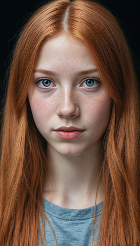 (portrait), detailed pencil drawing, silvery-skinned (young teen girl), long straight red hair (black background)