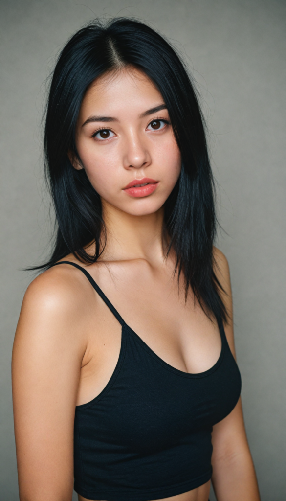 a (young girlie), wears a short cropped black tank top, straight soft long black hair, (round face), full kissable lips, round eyes, perfect skin