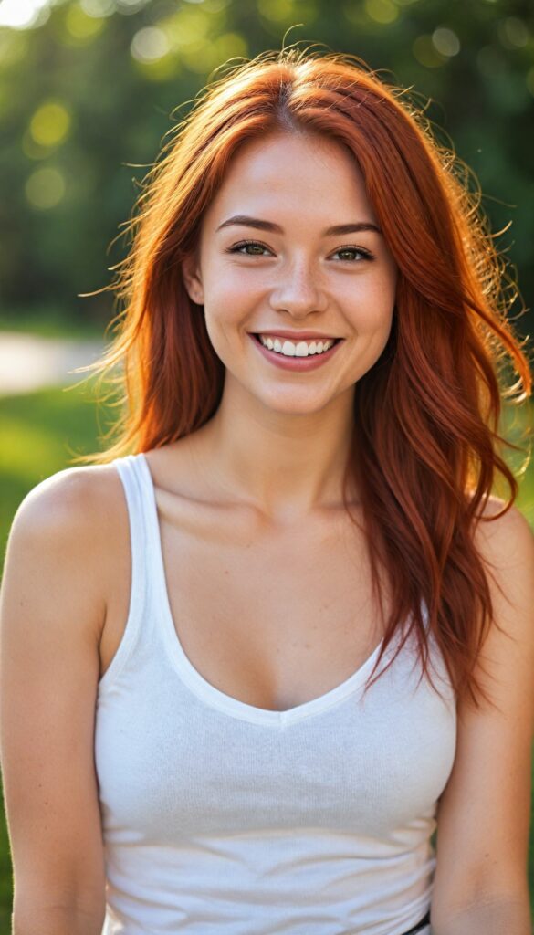 a (realistic and detailed photo), capturing a (cute, attractive, gorgeous, stunning teen girl) with a super short, tight, deep v-neck, plain cropped tank top, (curved body), (long straight jet soft red hair), warm smile, sunny backdrop, she smile very happy, white teeth