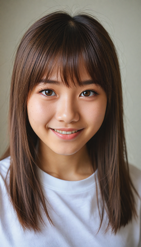 (portrait), detailed, (a Japanese young cute girl), long straight soft detailed hair, realistic detailed amber eyes, bangs cut, white t-shirt, smile, white teeth