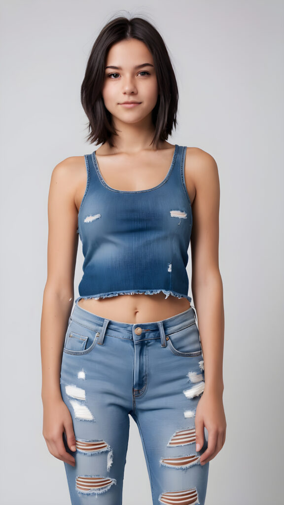 a (((cute teen babe))) aged 18 with dark hair and a sleek ((thin tank top)) paired with short, ((distressed denim jeans)), posed perfectly against a pristine ((white backdrop))