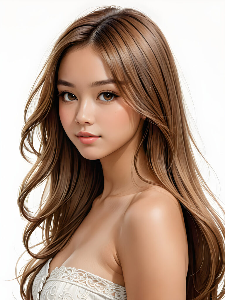 a ((portrait)) of (((cute))) (((elegant))) ((attractive)) (((long, straight hazelnut hair))) ((stunning)) a beautifully busty tanned Japanese teen girl