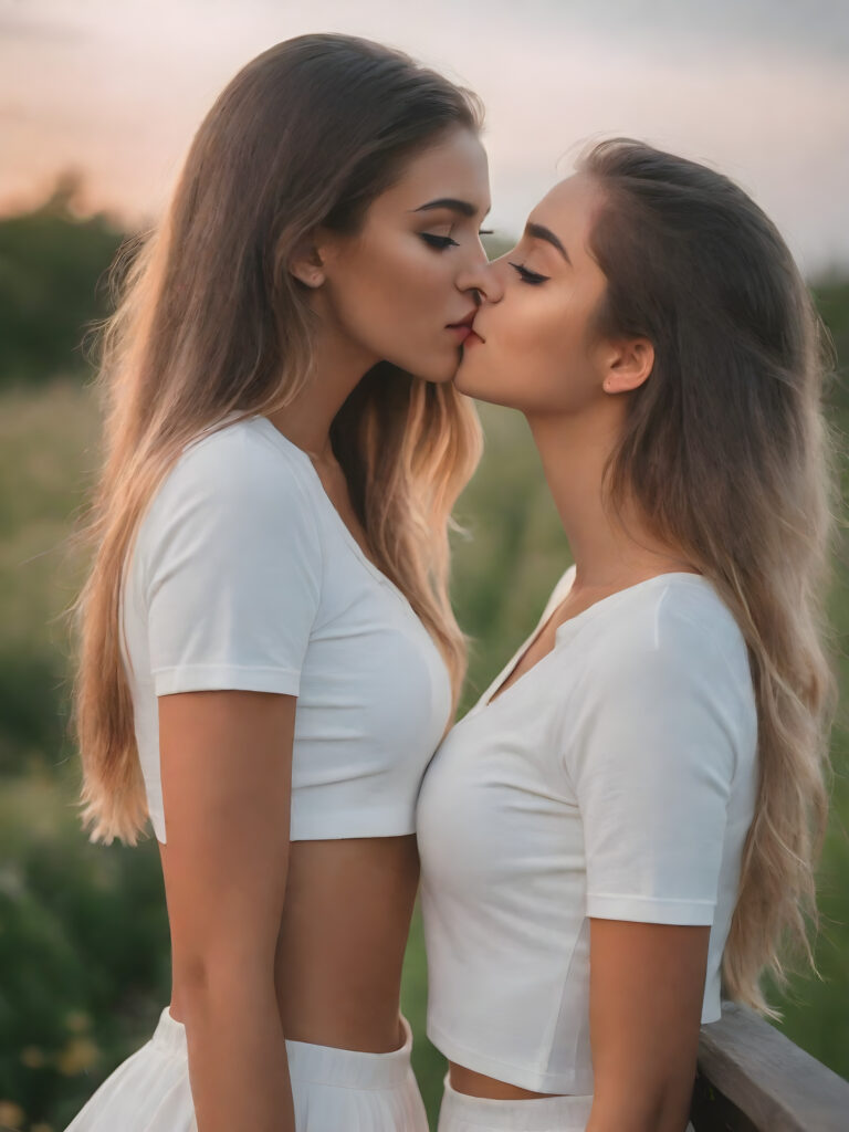 (((cute))) (((gorgeous))) ((female model)) ((stunning)) ((two very pretty young teen girls)), straight hair, perfect realistic body, dressed in a form-fitting low cut white crop top, super short mini skirt, ((about to a passionate kiss))