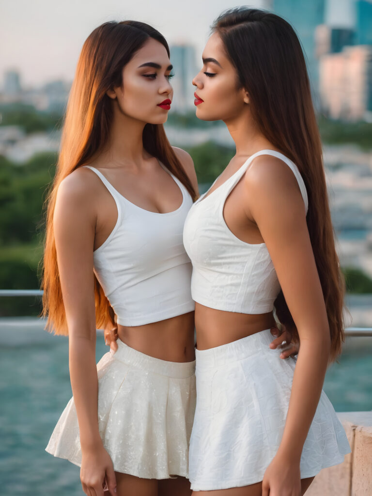 (((cute))) (((gorgeous))) ((female model)) ((stunning)) ((two very pretty young teen girls)), straight hair, perfect realistic body, dressed in a form-fitting low cut white crop top, super short mini skirt, ((about to a passionate kiss))