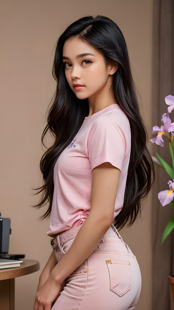 line art illustration of a (((breathtakingly detailed long, elegant straight black hair))) for a (((beautifully cinematic lights))) backdrop, (((perfectly captured, side profile portrait shot))), (((stunning realism))) for a (((cute teenage girl))) with (((incredibly realistic brown irises))), (((super short pink t-shirt))), (((ultra-short jean pants))), her figure drawing (((perfect attention to every curve)))