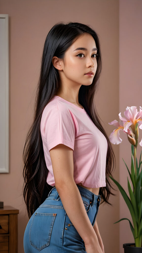 line art illustration of a (((breathtakingly detailed long, elegant straight black hair))) for a (((beautifully cinematic lights))) backdrop, (((perfectly captured, side profile portrait shot))), (((stunning realism))) for a (((cute teenage girl))) with (((incredibly realistic brown irises))), (((super short pink t-shirt))), (((ultra-short jean pants))), her figure drawing (((perfect attention to every curve)))