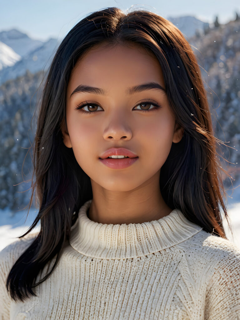 visualize a detailed and realistic photo: a (((stunning young light brown-skinned Exotic teen girl with flawless, soft skin))) (glossy hair with subtle layering, (((vivid obsidian black soft straight hair)))), whose frame a (seriously sensual face) with (dramatically contrasting, full, (((natural lips)))), round face and a warm smile, the mouth slightly open with white teeth, (light brown eyes), set against a (broodingly atmospheric snow backdrop) for an unforgettable (upper body shot). Her features are captured in (intense detail), accentuated by the (ombré shadow and highlights) that draw the eye, ((she wears a white , finely knitted wool sweater that emphasizes her perfectly shaped body)), ((gorgeous)) ((side view))