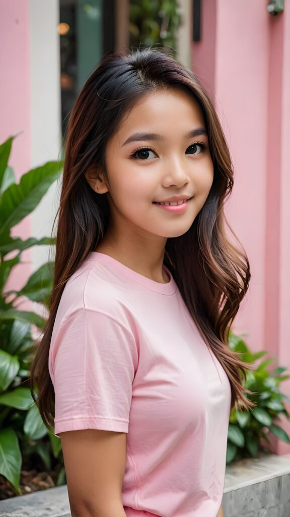 a stunning portrait (((ultra realistic professional photograph))) ((cute)) ((gorgeous)) excellently capturing an amiable, young Malaysian teen girl, straight jet long hair, round face, full lips, smile, side view, ((pink no printed t-shirt))