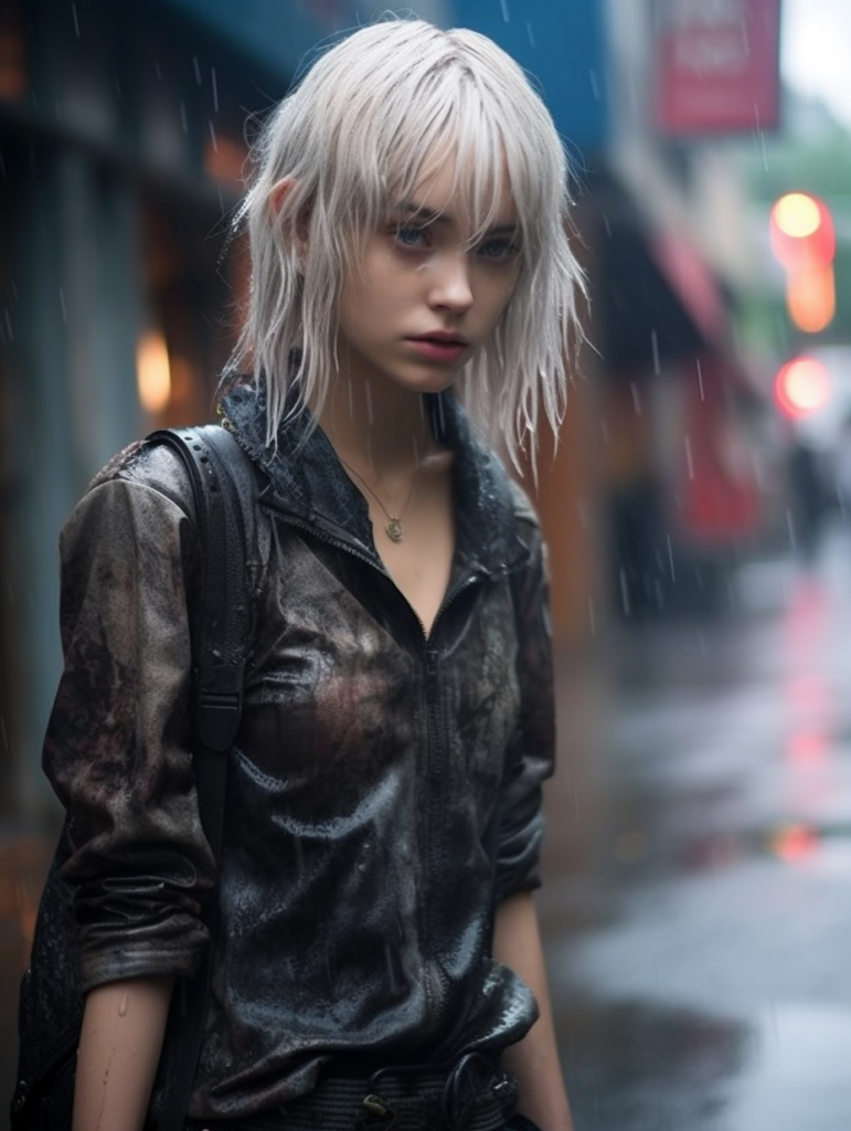 a very cute girl, white hair, stand alone in the rain, straight messy wet hair, wet skin, looks sadly at the camera, detailed hair, angelic face, full body, in the street --ar 3:4