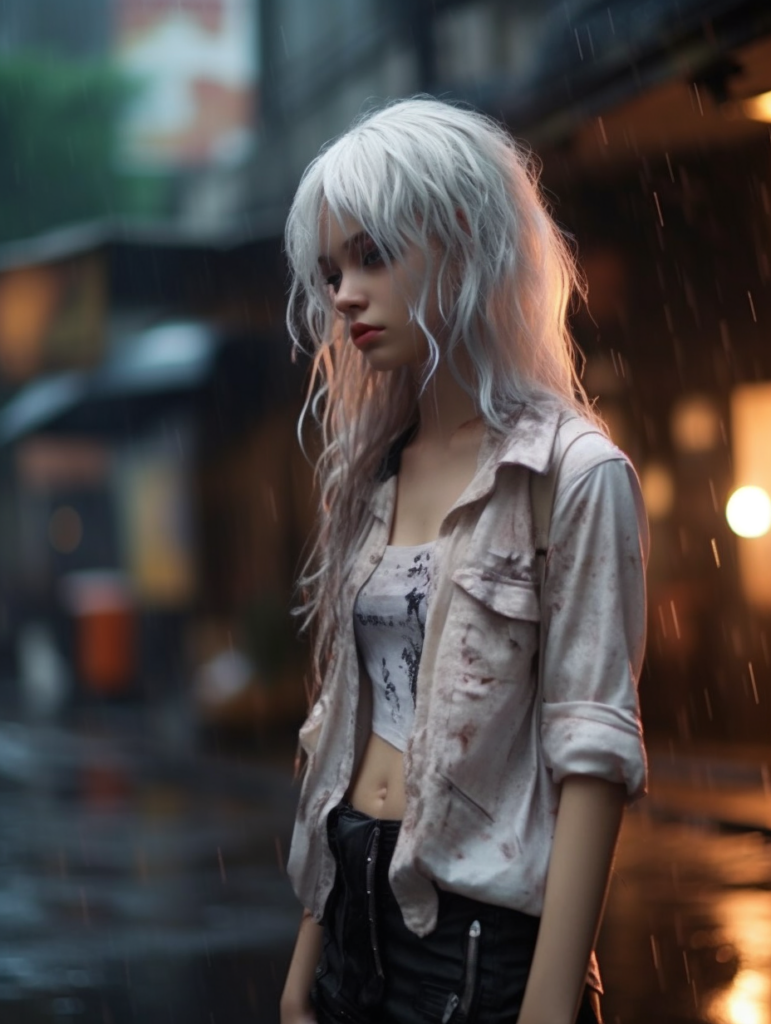 a very cute girl, white hair, stand alone in the rain, straight messy wet hair, wet skin, looks sadly at the camera, detailed hair, angelic face, full body, in the street --ar 3:4