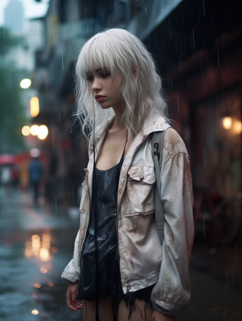 a very cute girl, white hair, stand alone in the rain, straight messy wet hair, wet skin, looks sadly at the camera, detailed hair, angelic face, full body, in the street --ar 3:4