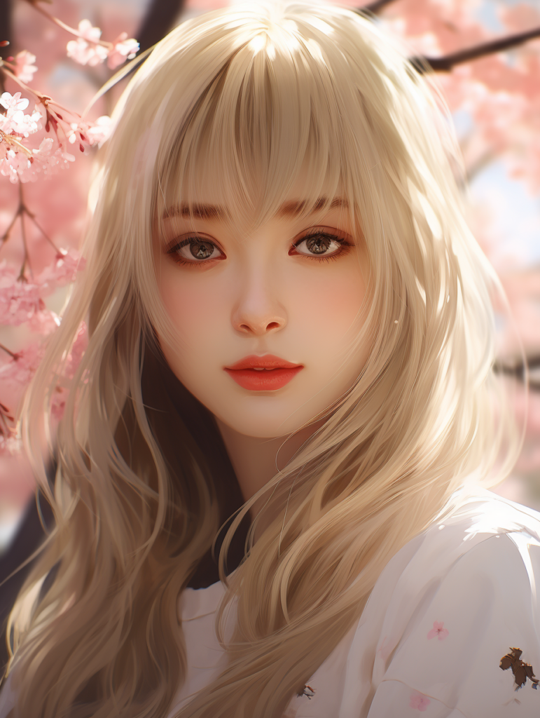 super realistic, 4k, detailed face, cute Asian teen girl, long blonde straight hair, Korean styled bangs, looks at the camera, portrait shot, smile very happy, a cherry blossom in the background --ar 3:4