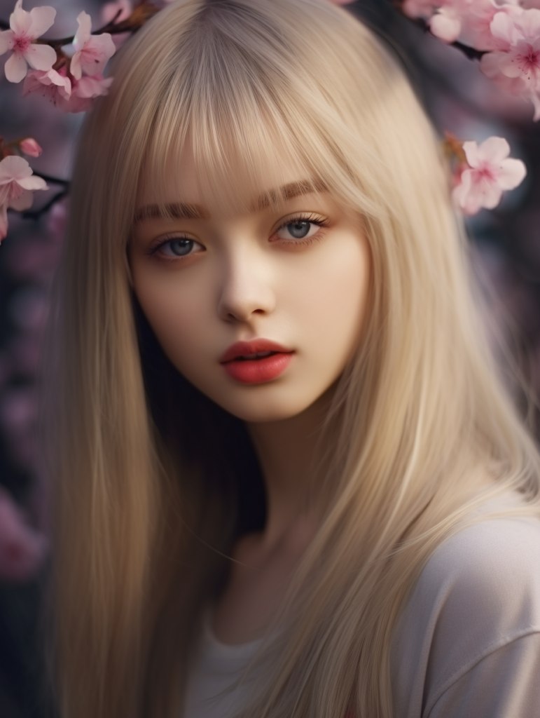 super realistic, 4k, detailed face, cute Asian teen girl, long blonde straight hair, Korean styled bangs, looks at the camera, portrait shot, smile very happy, a cherry blossom in the background --ar 3:4