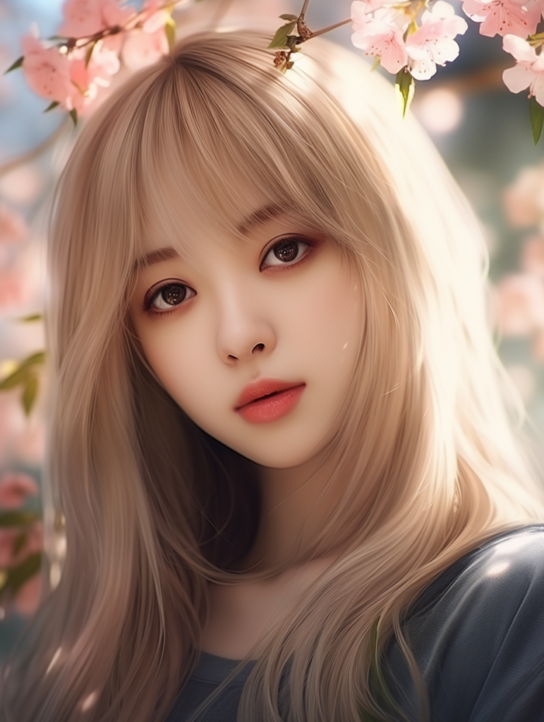 super realistic, 4k, detailed face, cute Asian teen girl, long blonde straight hair, Korean styled bangs, looks at the camera, portrait shot, smile very happy, a cherry blossom in the background --ar 3:4