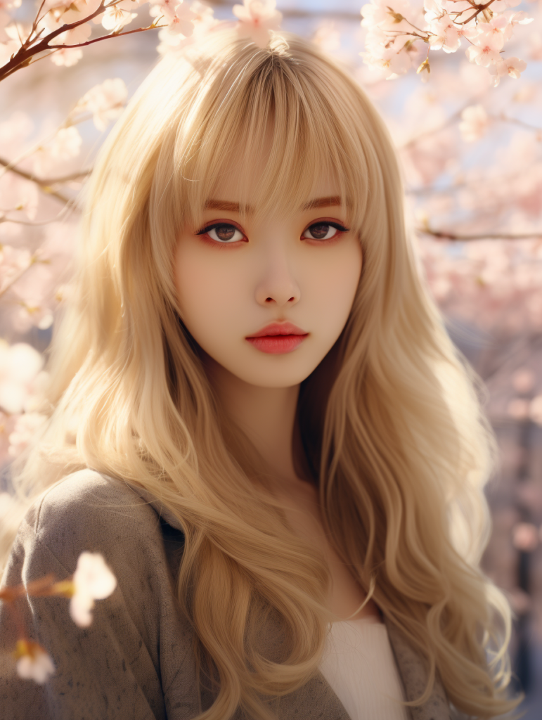 super realistic, 4k, detailed face, cute Asian teen girl, long blonde straight hair, Korean styled bangs, looks at the camera, portrait shot, smile very happy, a cherry blossom in the background --ar 3:4