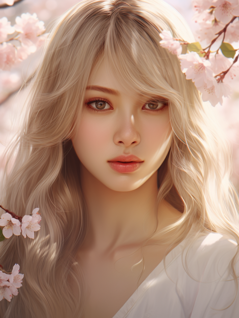 super realistic, 4k, detailed face, cute Asian teen girl, long blonde straight hair, Korean styled bangs, looks at the camera, portrait shot, smile very happy, a cherry blossom in the background --ar 3:4