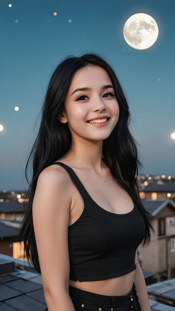 pale gothic girl, smile very happy, black dressed in a cropped tank top, long straight black hair, on the roof with the moon in the background, detailed face, realistic