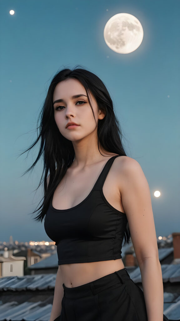 pale gothic girl, sad expression, black dressed in a cropped tank top, long straight black hair, on the roof with the moon in the background