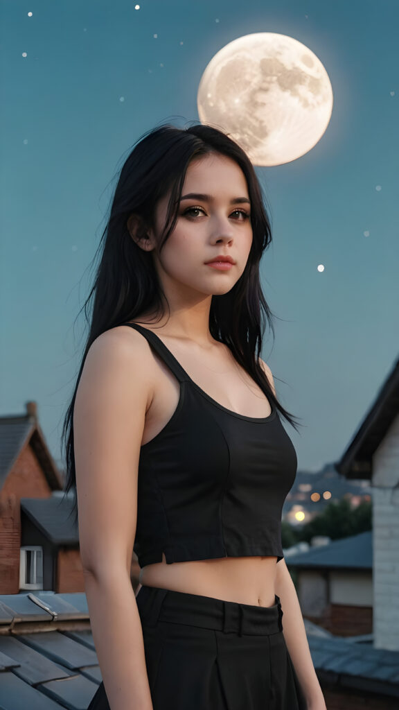 pale gothic girl, sad expression, black dressed in a cropped tank top, long straight black hair, on the roof with the moon in the background