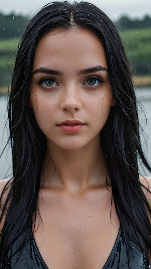 perfect detailed portrait, (((identical matching eyes))), young adult female girl, (wet skin), ((long, straight black hair)), ((dark, gloomy weather)), ((photo realism))