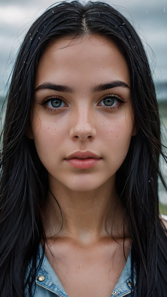 perfect detailed portrait, (((identical matching eyes))), young adult female girl, (wet skin), ((long, straight black hair)), ((dark, gloomy weather)), ((photo realism))