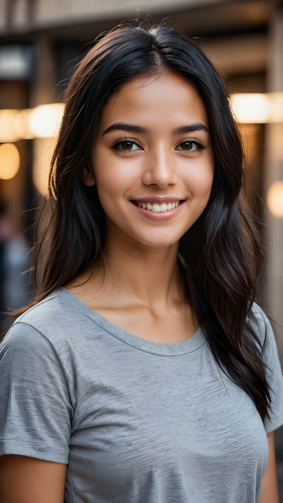 perfect portrait, very cute young Exotic girl, grey t-shirt, smile, detailed black straight hair, brown eyes, perfect curved body