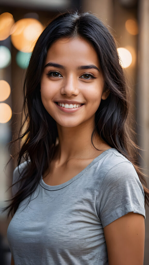 perfect portrait, very cute young Exotic girl, grey t-shirt, smile, detailed black straight hair, brown eyes, perfect curved body