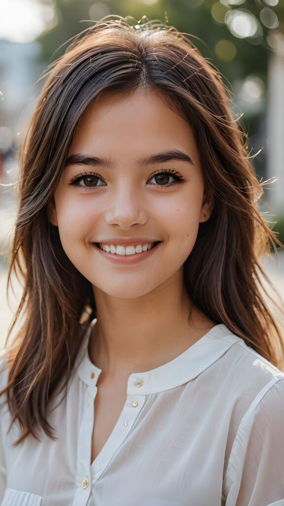 perfect portrait, very cute young girl, white shirt, smile, detailed straight hair, brown eyes