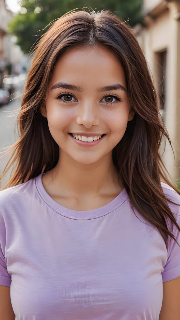 perfect portrait, very cute young girl, ((light violet plain t-shirt)), smile, detailed straight hair, brown eyes