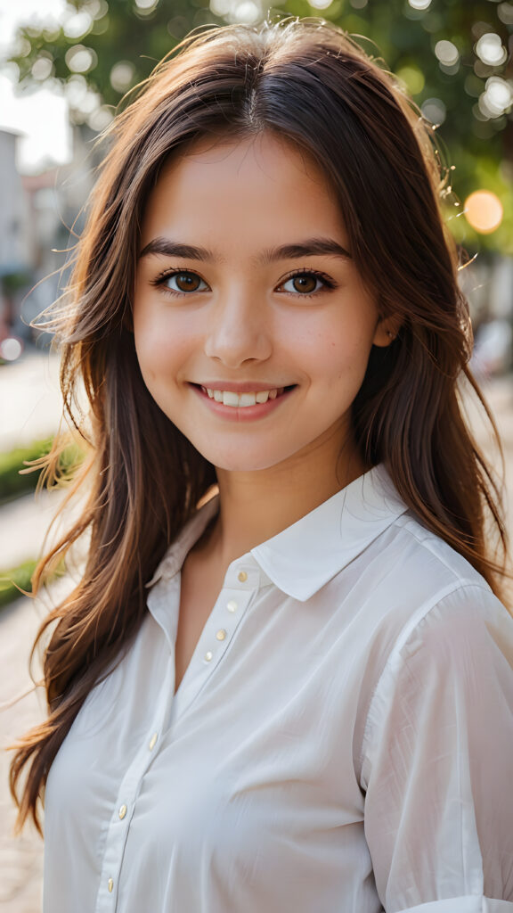 perfect portrait, very cute young girl, white shirt, smile, detailed straight hair, brown eyes